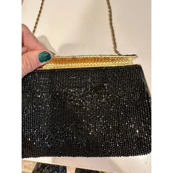 Vintage Women's Rectangle Shape Black Beaded Handbag Purse - Picture 8 of 9